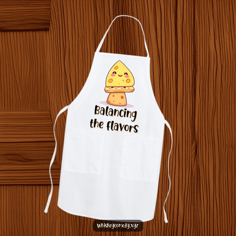 Funny smiling cheese wedge apron, precariously balancing on a cracker, a humorous and practical kitchen accessory.