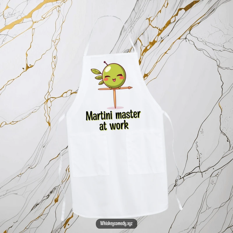 Funny olive wink apron with a winking olive balancing on a toothpick, adding sass and whimsy to cooking and baking.