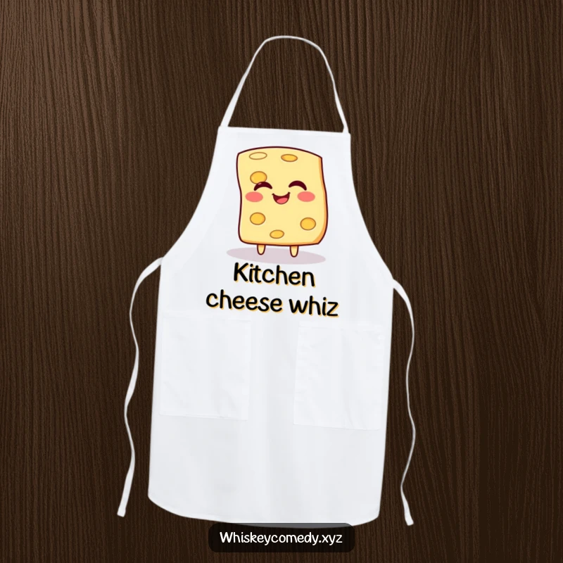 Funny apron showing a giggling slice of cheese happily spinning while cooking, perfect for chefs and foodies.