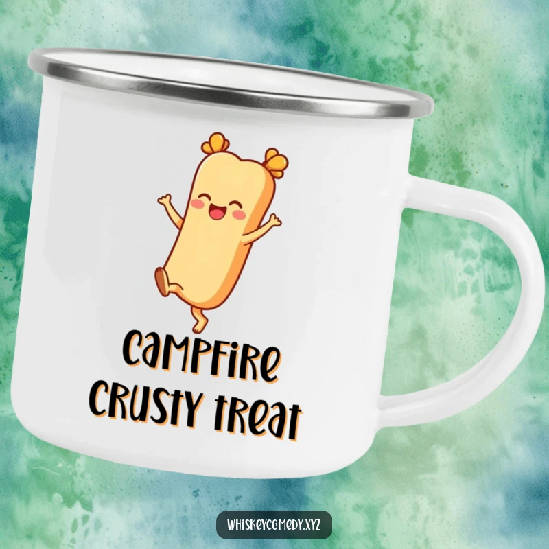 Funny camping mug featuring a cheerful baguette character kicking its heels up joyfully, designed for outdoor enthusiasts and bread lovers.