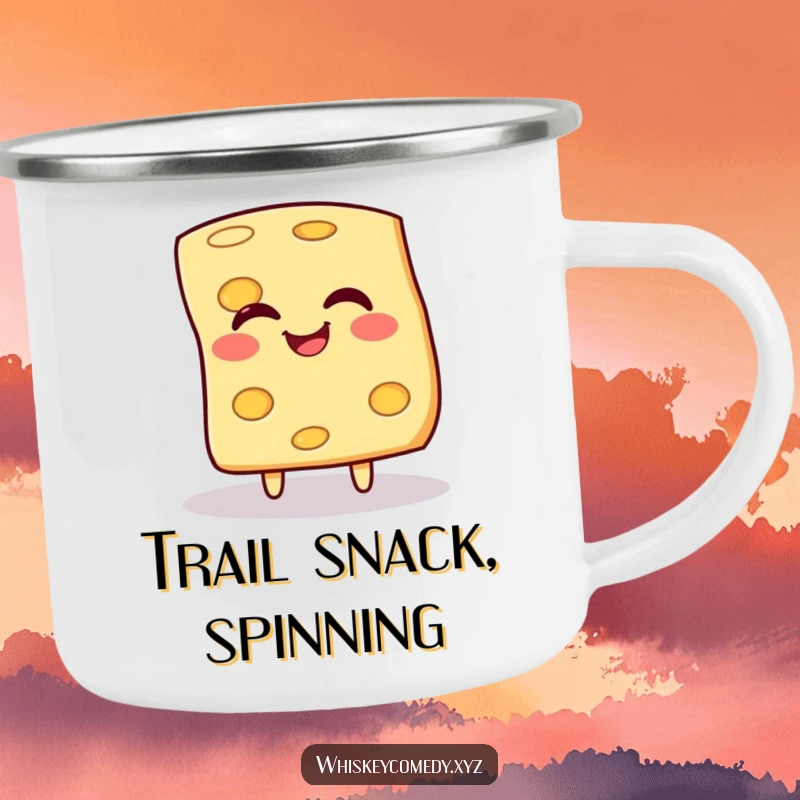 Funny camping mug featuring a giggling slice of cheese happily spinning, designed for outdoor enthusiasts and cheese lovers.