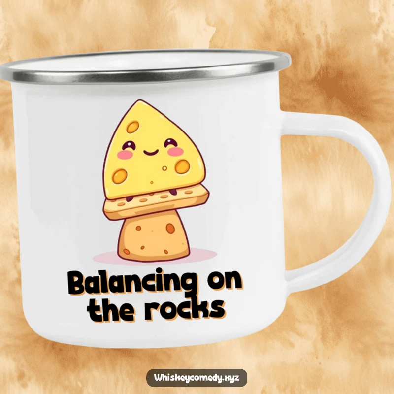 Funny smiling cheese wedge camping mug, precariously balancing on a cracker, durable and humorous for outdoor use.