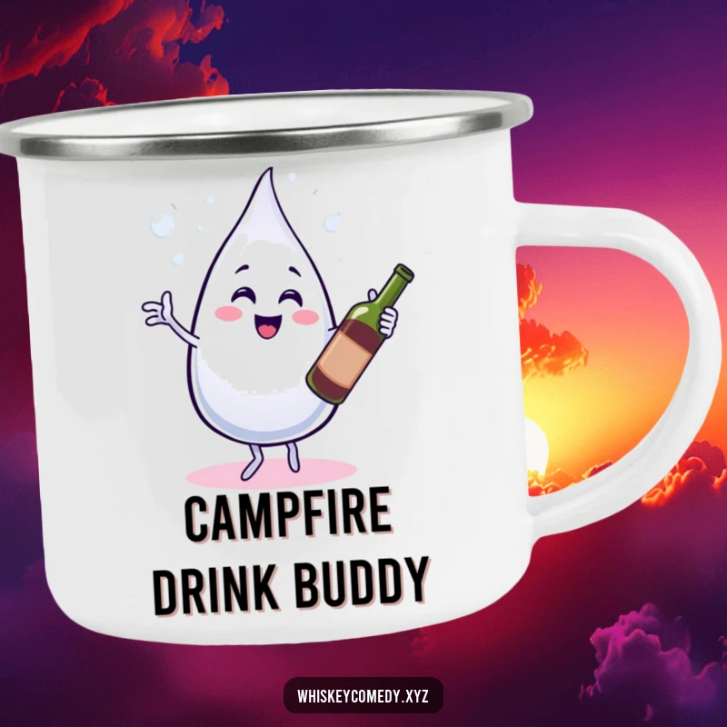 Funny camping mug featuring a bubbly water droplet dancing with a wine bottle, designed for adventurers and wine enthusiasts.