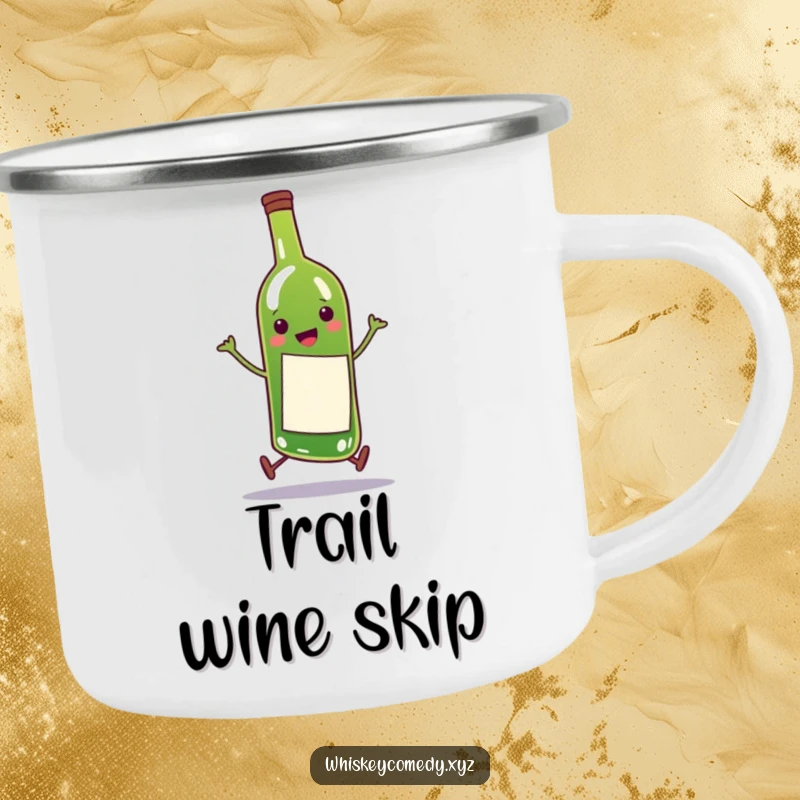 Funny camping mug featuring a happy wine bottle character doing a comical skip, designed for outdoor enthusiasts and wine lovers.
