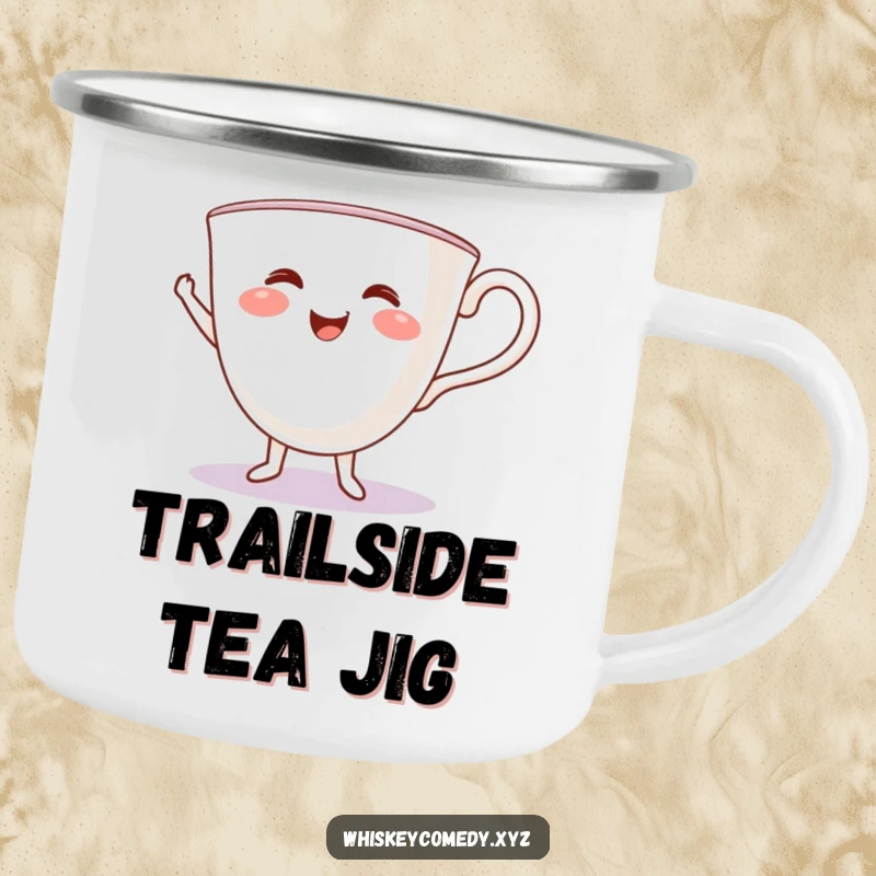 Funny teacup jig camping mug featuring a smiling teacup doing a cheerful jig around a campfire, ready for adventure.