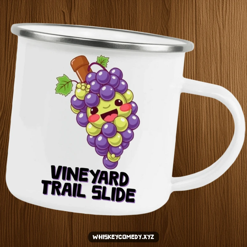 Funny grape slide camping mug featuring a giggling bunch of grapes sliding down a bottle, ready for outdoor fun.