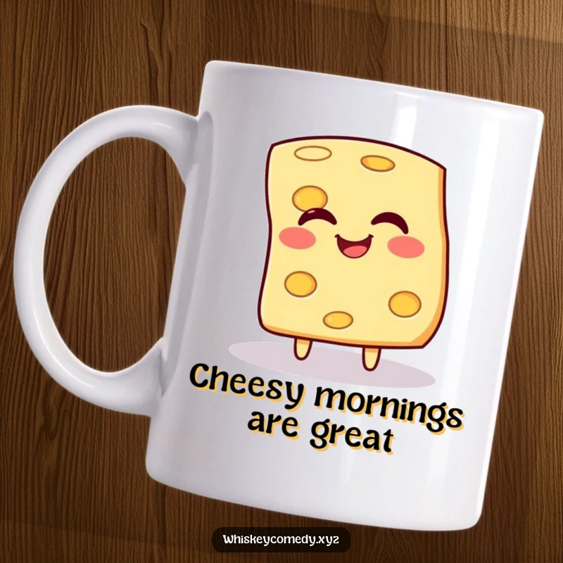 Funny mug featuring a giggling slice of cheese happily spinning, perfect for cheese enthusiasts and gift-givers.