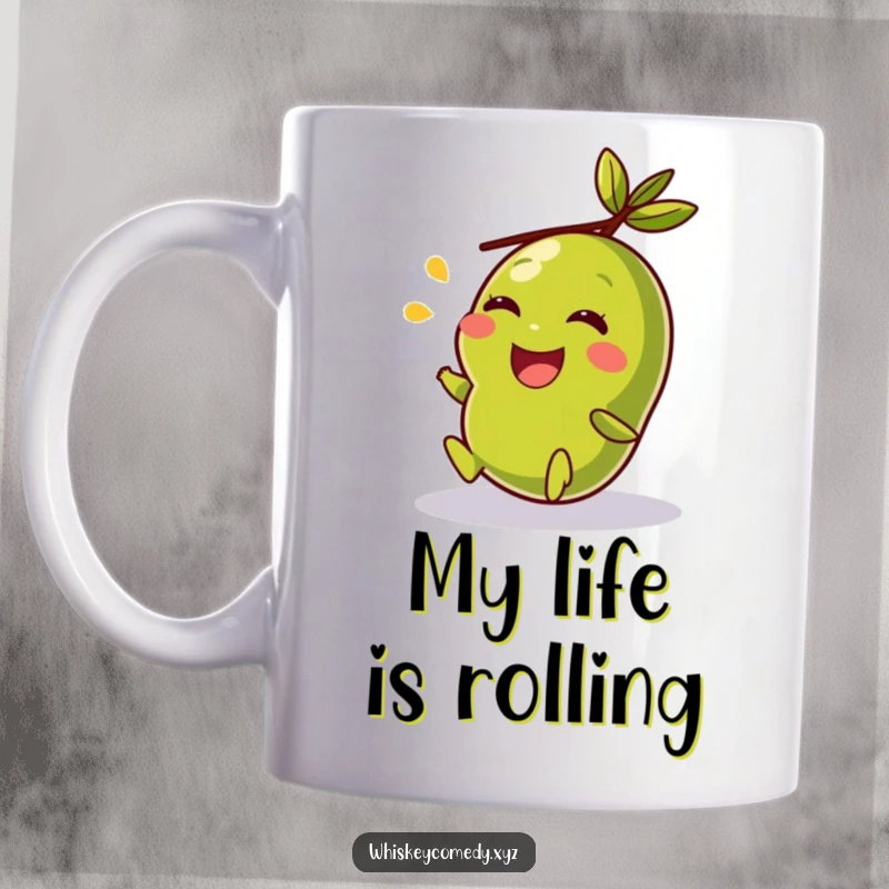 Funny mug featuring a giggling olive rolling joyfully, embodying pure, unadulterated happiness and a love for snacks.
