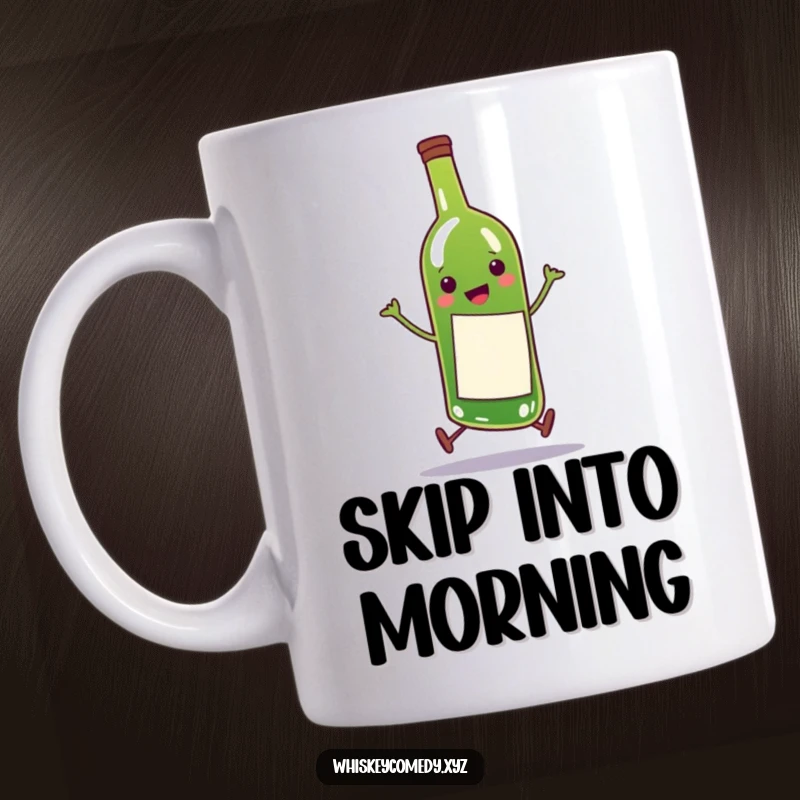 Funny mug featuring a happy wine bottle character doing a comical little skip, perfect for wine lovers and gift-givers.