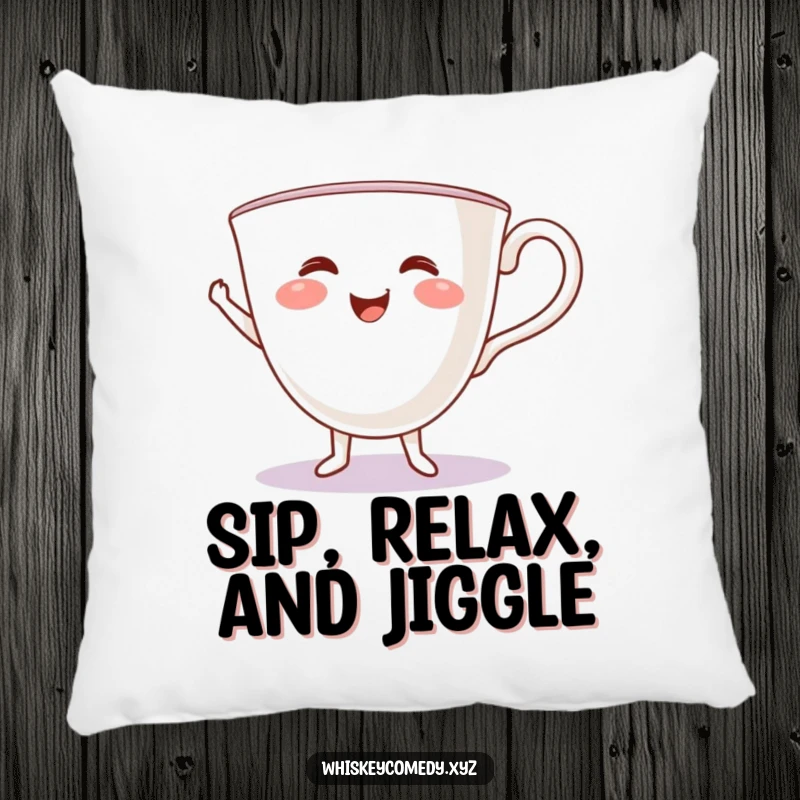 Funny teacup jig pillow featuring a smiling teacup in a happy dance, perfect for adding comfort and whimsy.