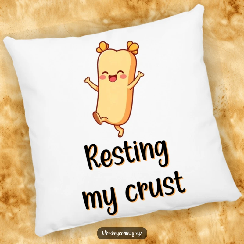 Funny pillow featuring a cheerful baguette character kicking its heels up with joy, perfect for adding a quirky touch to any room.