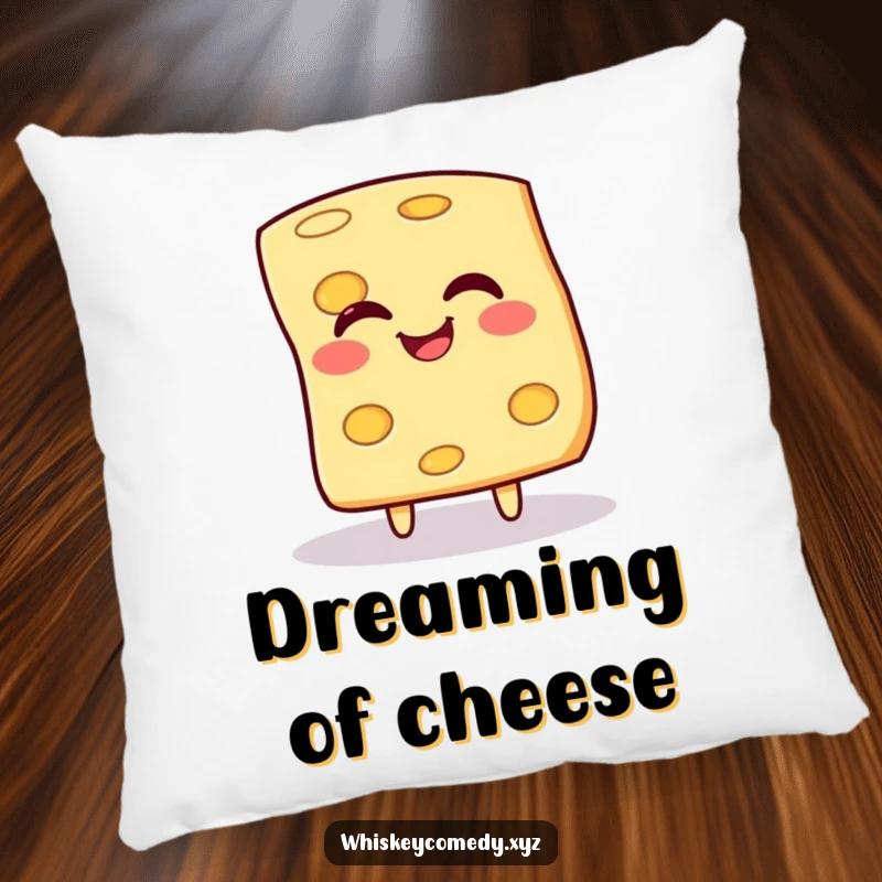Funny pillow featuring a giggling slice of cheese happily spinning, perfect for adding a quirky touch to any room.