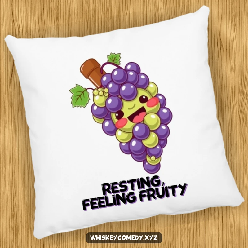 Funny grape slide pillow featuring a giggling bunch of grapes sliding down a bottle, perfect for adding comfort and vineyard charm.