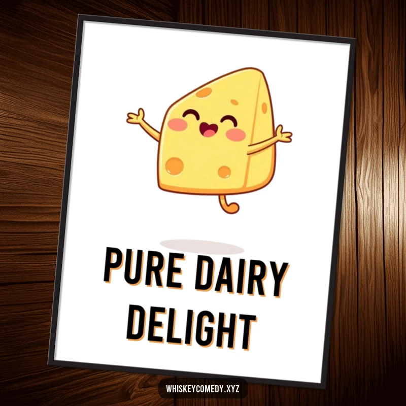 Funny cheese jump digital art print of a happy cheese wedge in a delighted jump, ideal for cheerful and whimsical decor.