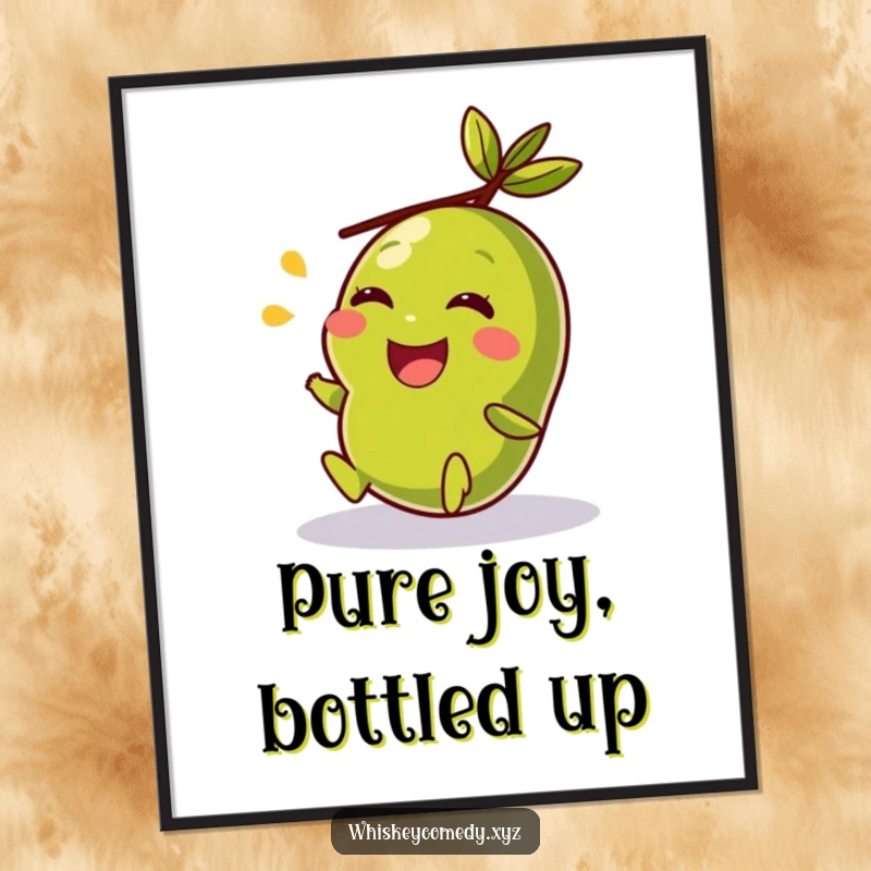 Funny digital art print of a giggling olive rolling with pure delight, adding a humorous and cheerful vibe to any digital display.