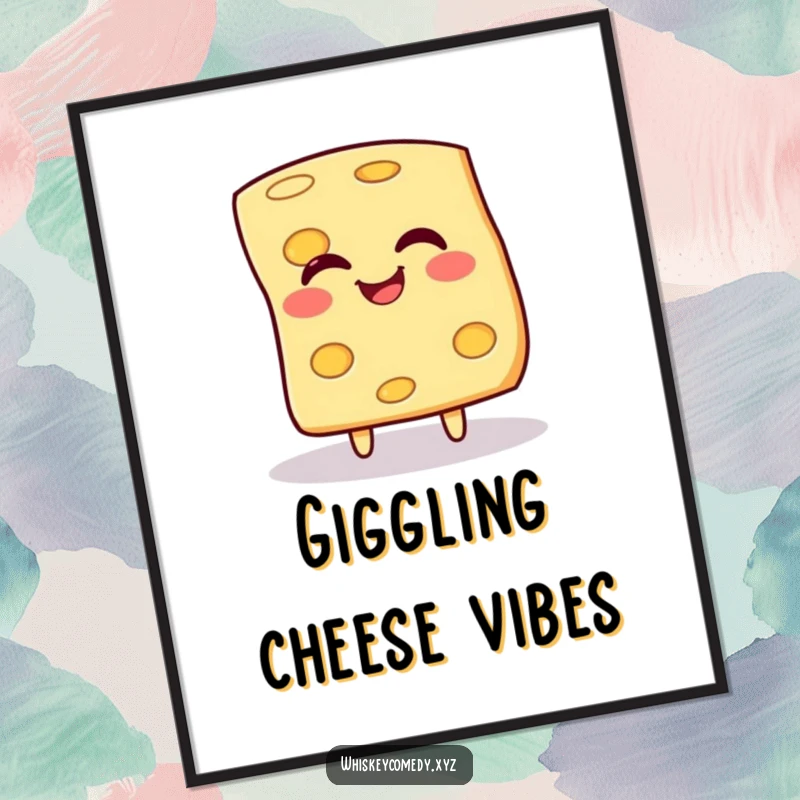 Funny digital art print featuring a giggling slice of cheese in a happy spin, ideal for instant wall decor.