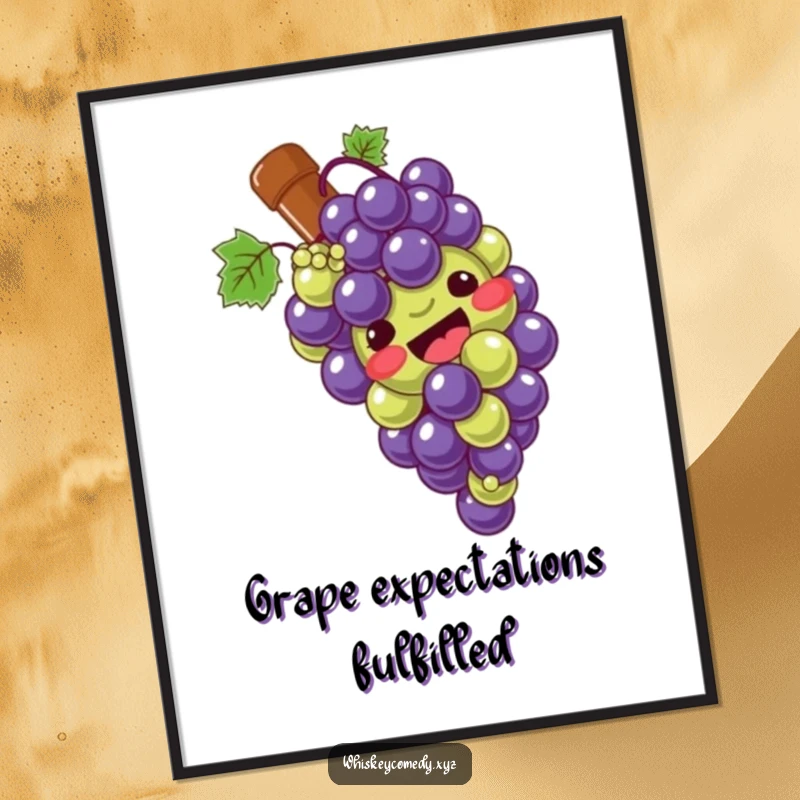 Funny grape slide digital art print of a giggling bunch of grapes sliding down a bottle, ideal for cheerful and whimsical decor.