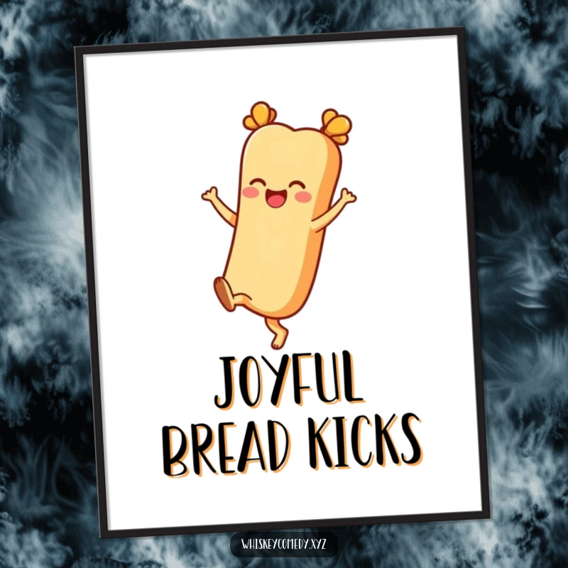 Funny digital art print featuring a cheerful baguette character kicking its heels up joyfully, ideal for instant wall decor.