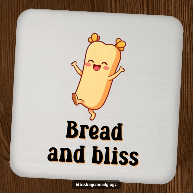 Funny coaster with a cheerful baguette character kicking its heels up joyfully, perfect for protecting tables and adding humor.