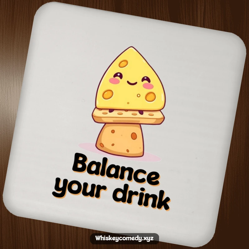 Funny smiling cheese wedge coasters, precariously balancing on a cracker, protecting surfaces with humorous charm.