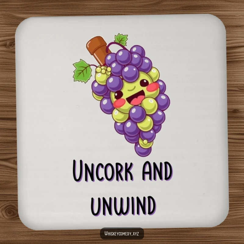 Funny grape slide coaster set featuring a giggling bunch of grapes sliding down a bottle, protecting surfaces with whimsical flair.