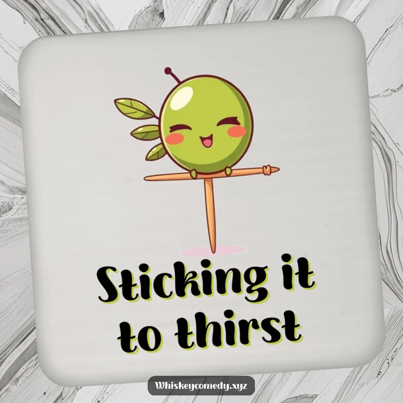 Funny olive wink coaster set featuring a winking olive balancing on a toothpick, protecting surfaces with sassy flair.