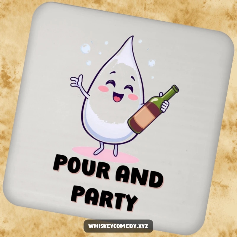 Funny coaster with a bubbly water droplet dancing with a wine bottle, perfect for protecting tables and adding humor.