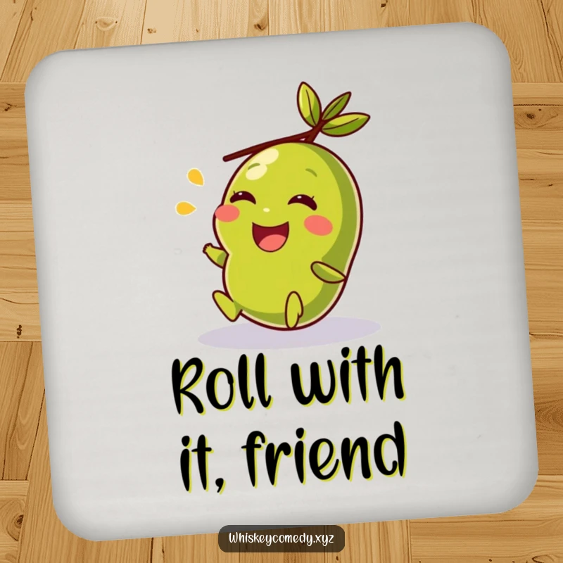 Funny drink coaster featuring a giggling olive rolling merrily, protecting surfaces with a splash of humor.