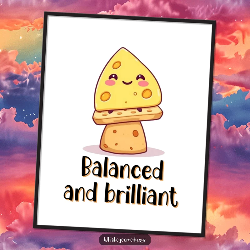 Funny smiling cheese wedge poster, precariously balancing on a cracker, vibrant and humorous wall art.