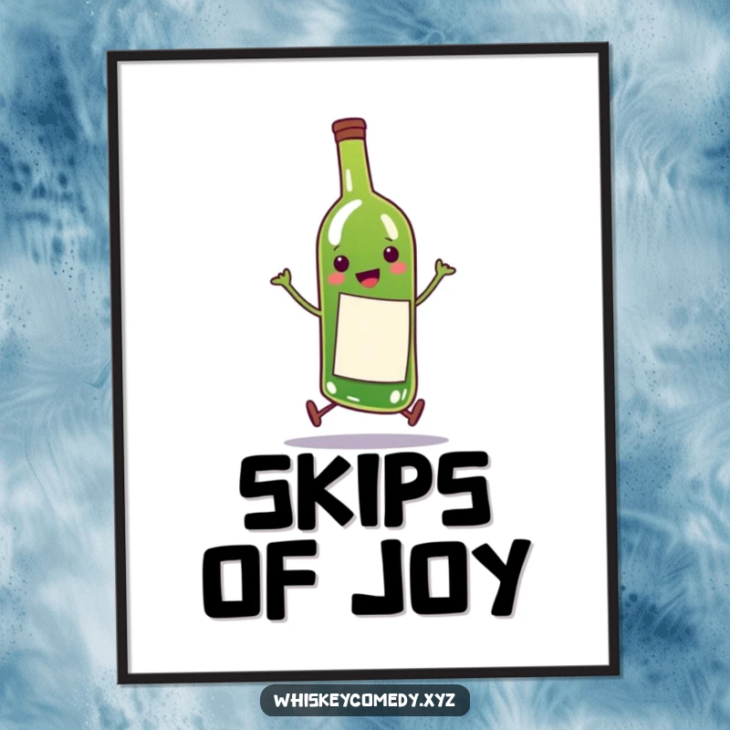 Funny wine bottle poster depicting a happy character doing a comical skip, excellent for bar or kitchen decor.