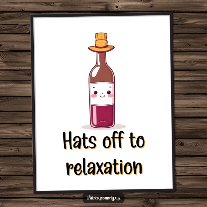 Funny wine hat poster featuring a cheerful wine bottle stylishly adorned with a tiny hat, adding whimsical charm to any room.