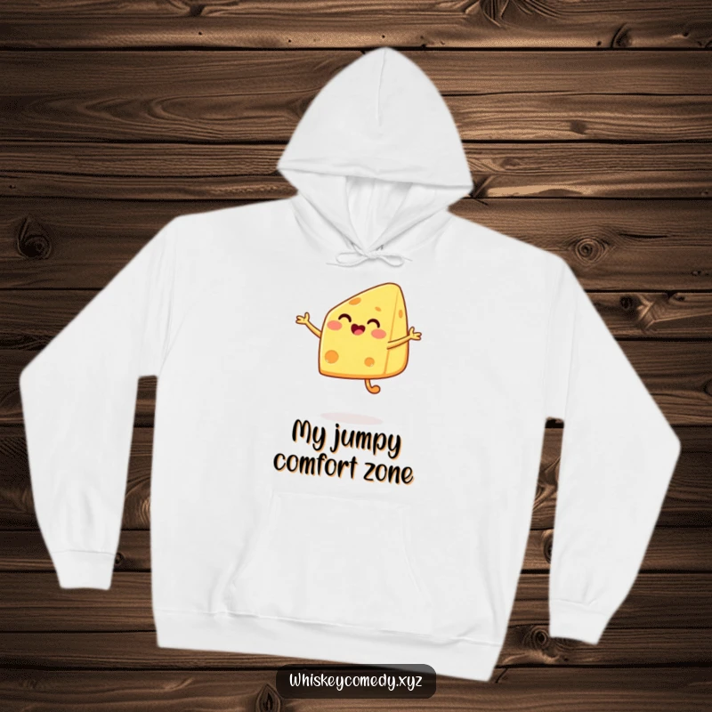 Funny cheese jump hoodie featuring a happy cheese wedge in a delightful jump, perfect for cozy cheese-themed relaxation.