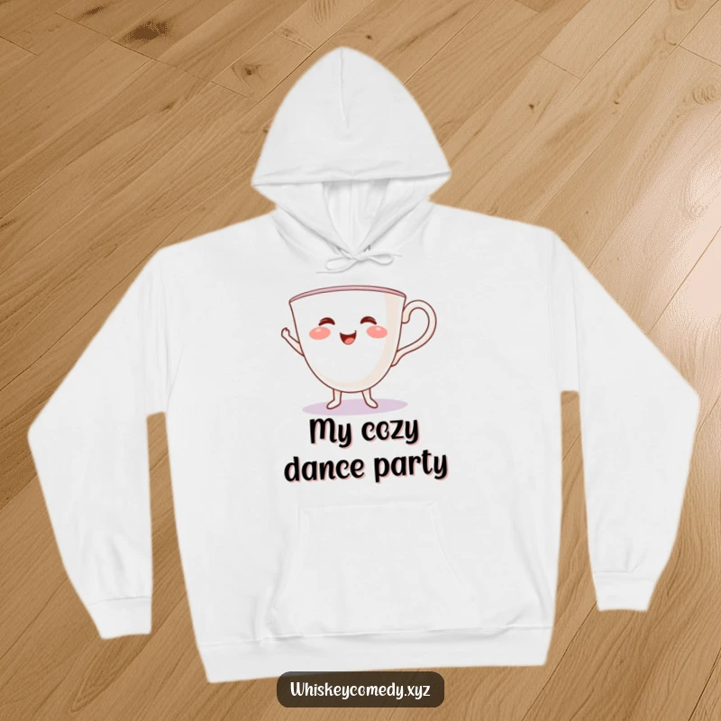 Funny teacup jig hoodie with a smiling teacup energetically dancing, perfect for spreading warmth and laughter.