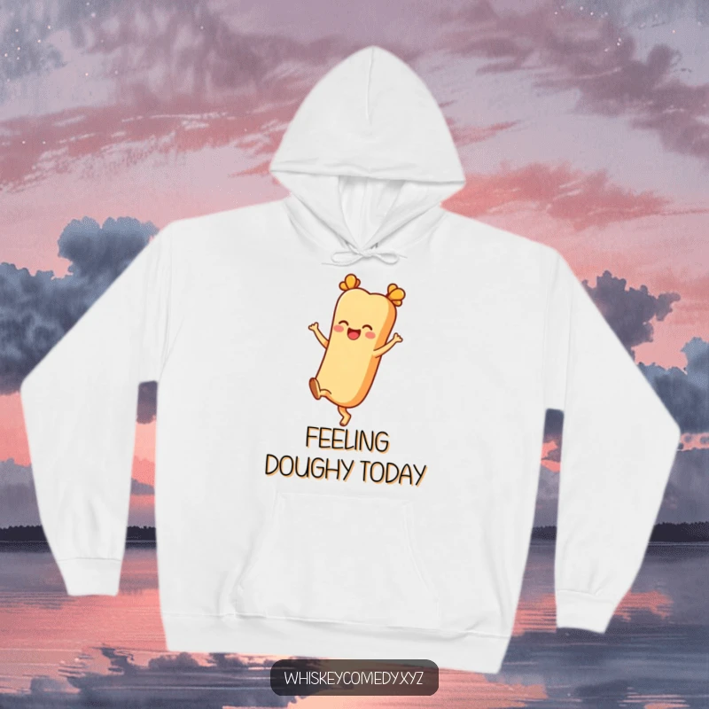 Funny baguette hoodie featuring a cheerful character kicking its heels up joyfully, perfect for chilly days and bread lovers.