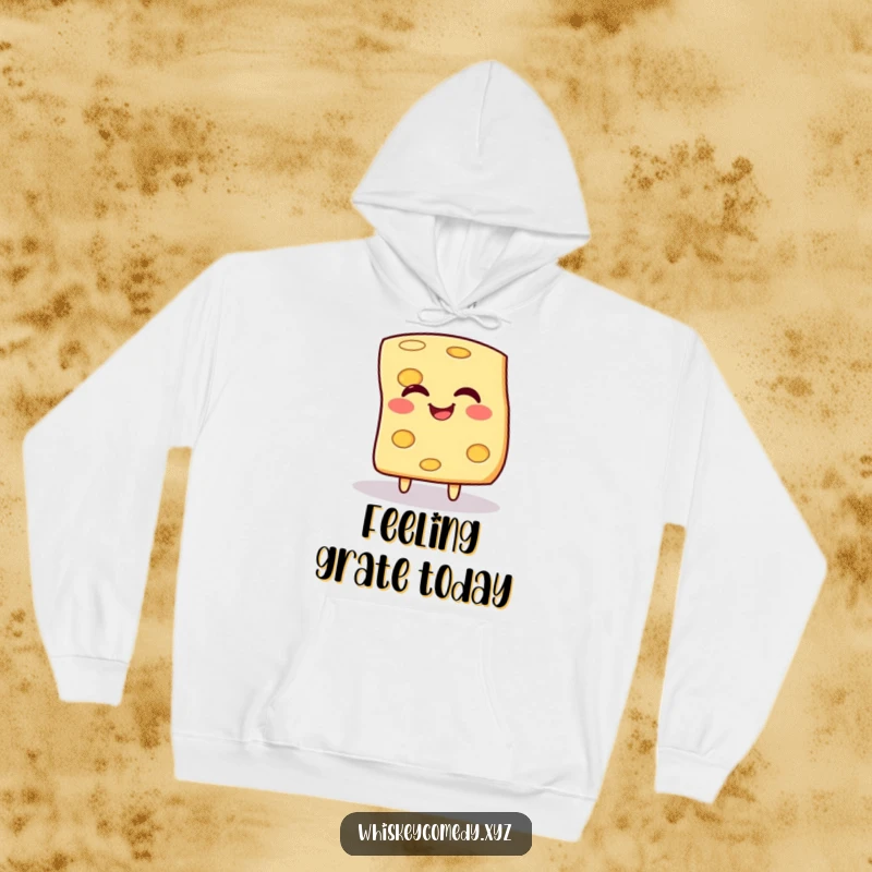 Funny cheese hoodie featuring a giggling slice of cheese happily spinning, perfect for chilly days and cheese lovers.