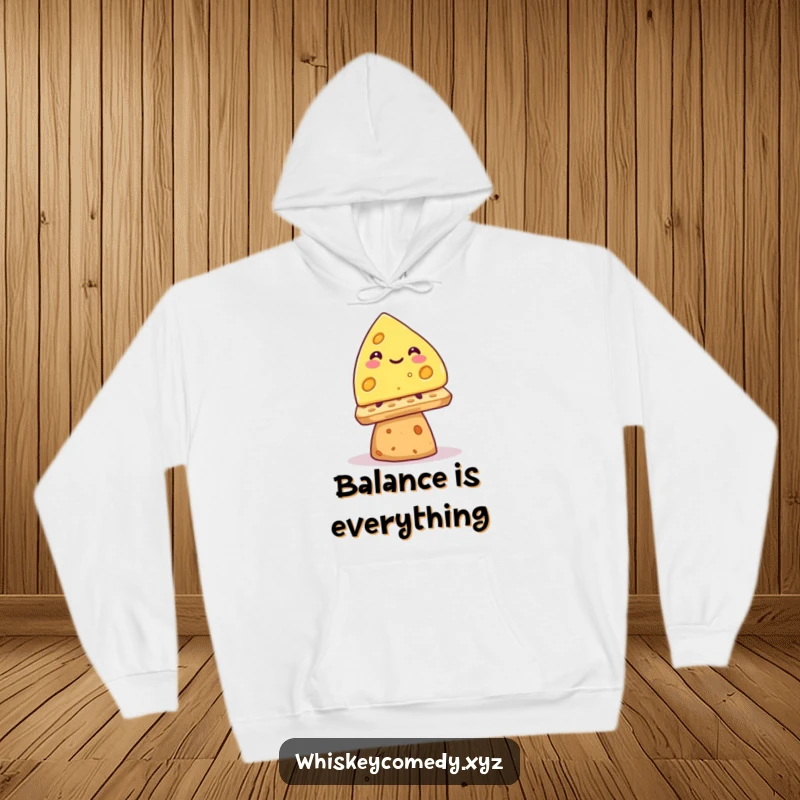 Funny smiling cheese wedge hoodie, precariously balancing on a cracker, cozy and humorous outerwear.