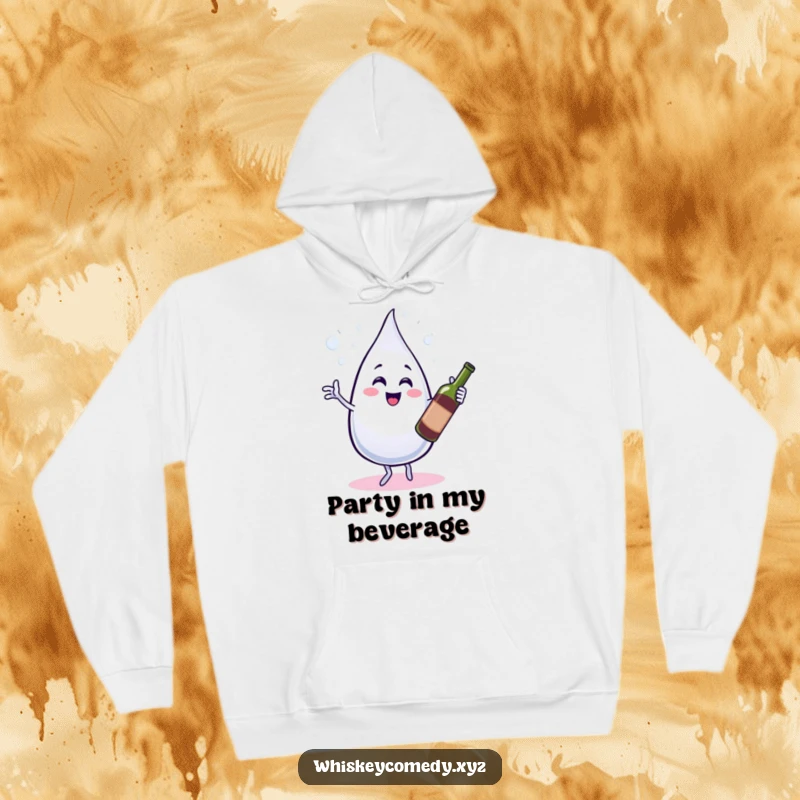 Funny hoodie featuring a bubbly water droplet dancing with a wine bottle, perfect for comfort and a good laugh.