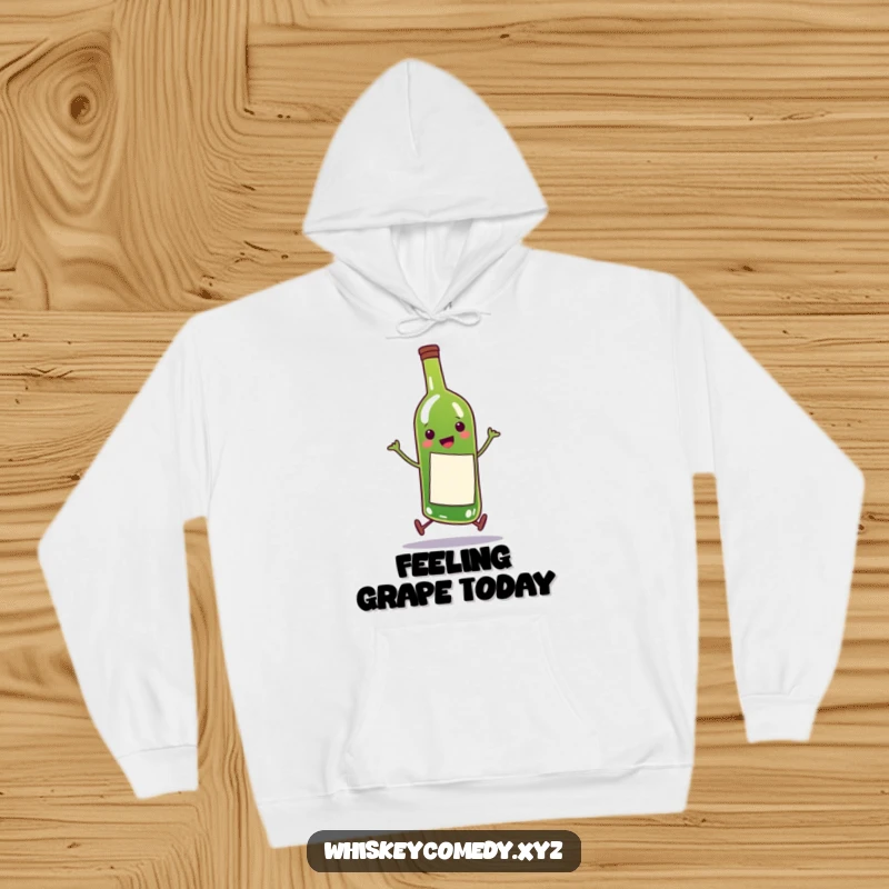 Funny wine bottle hoodie featuring a happy character doing a comical skip, perfect for chilly days and wine lovers.