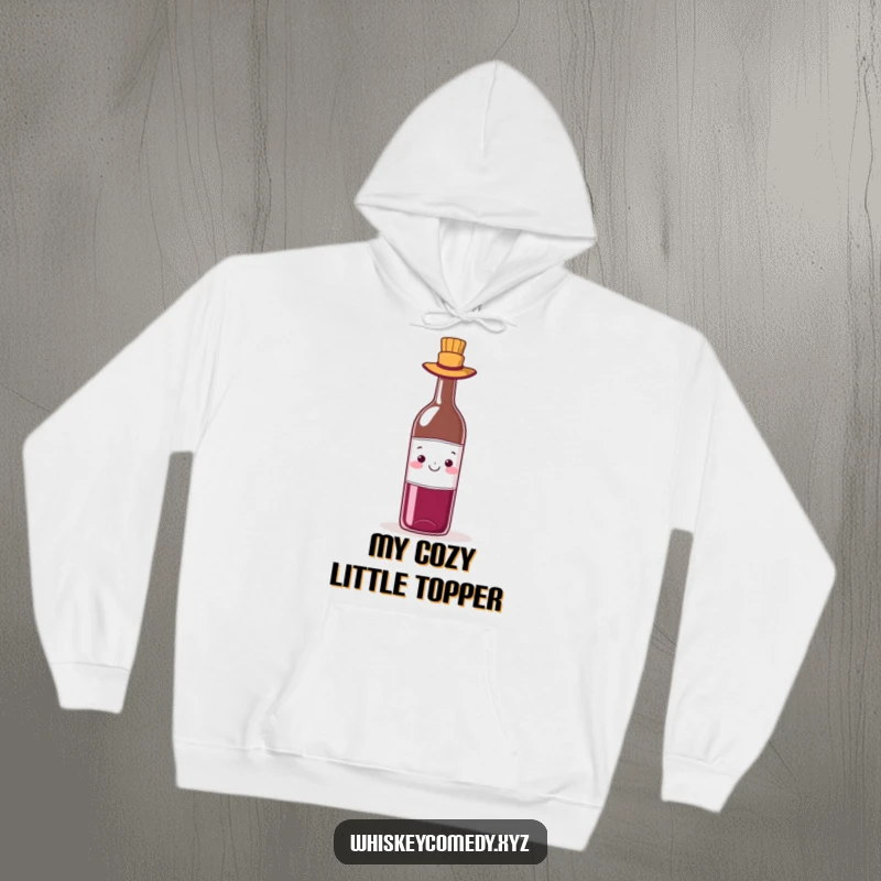Funny wine hat hoodie featuring a cheerful bottle of wine charmingly adorned with a tiny hat, perfect for cozy wine nights.