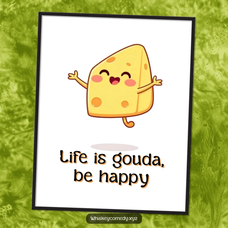 Funny Free Printable Wall Art: A happy cheese wedge captured mid-jump, radiating pure joy and cheesy charm.