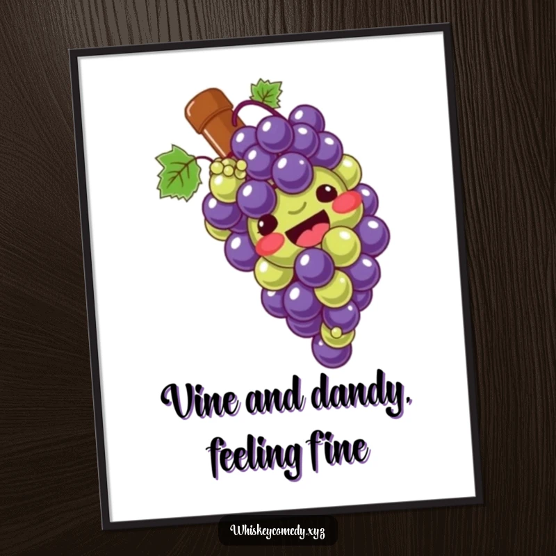 Funny Free Printable Wall Art: A giggling bunch of grapes slides down a bottle, bringing playful energy and whimsical charm.