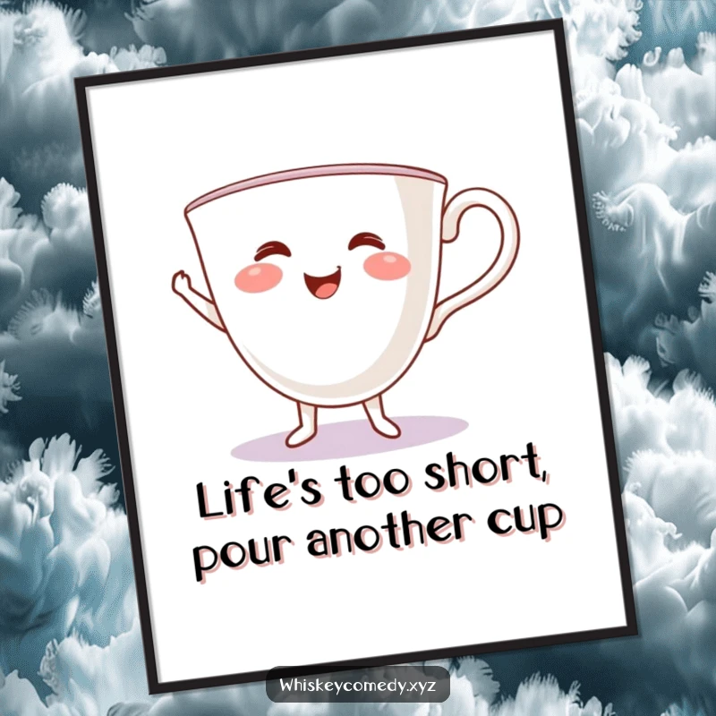 Funny Free Printable Wall Art: A smiling teacup in mid-jig, bringing cheerful energy and whimsical vibes to your decor.