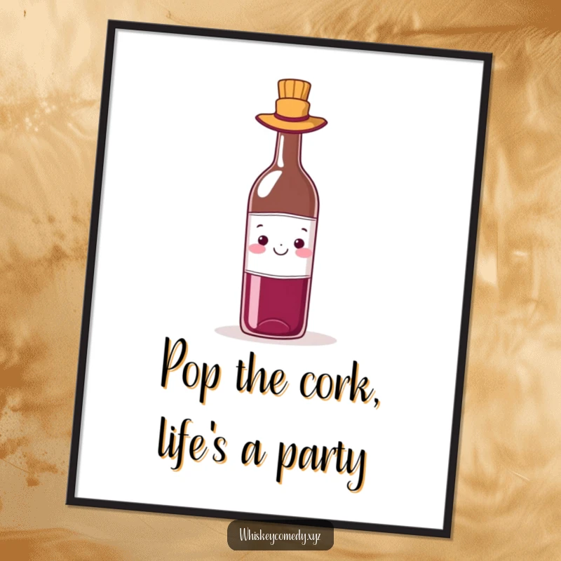 Funny Free Printable Wall Art: A cheerful wine bottle wearing a tiny hat, adding a touch of quirky elegance to your space.