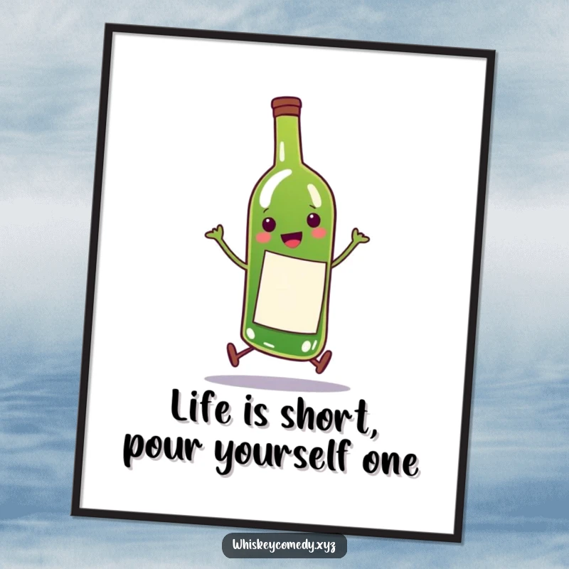 Funny Free Printable Wall Art: A happy wine bottle doing a comical little skip, quirky downloadable decor.