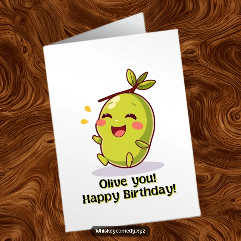 Funny Free Printable Birthday Card of a giggling olive rolling joyfully, spreading laughter and good wishes.