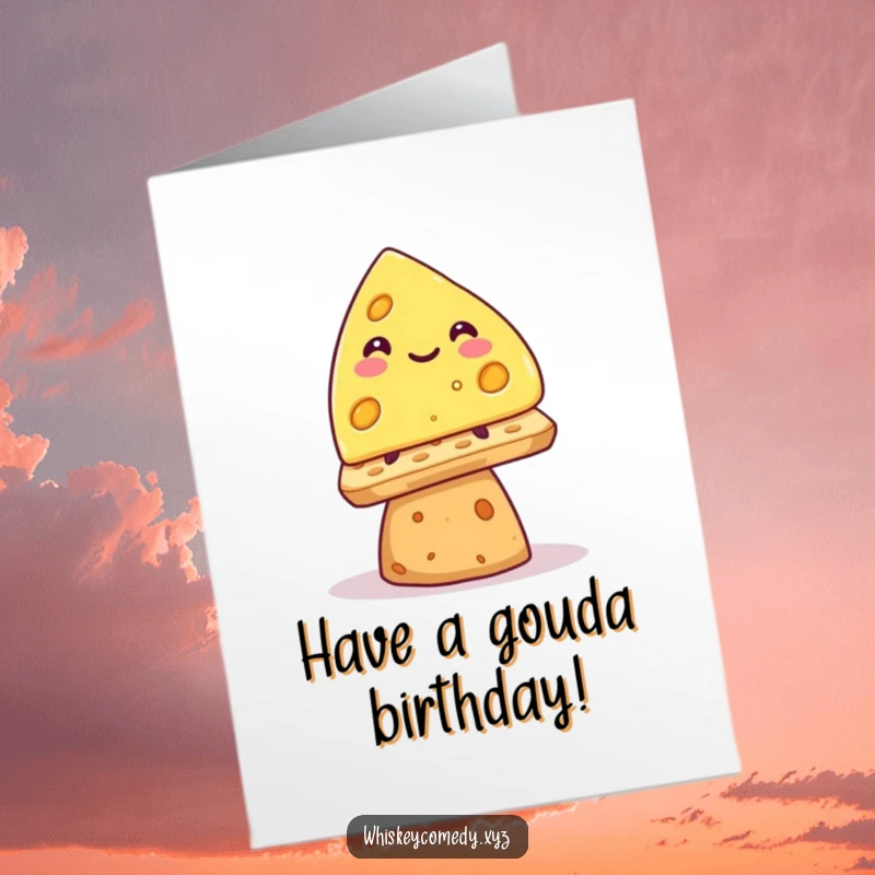 Funny free printable birthday card of a smiling cheese wedge precariously balancing on a cracker.