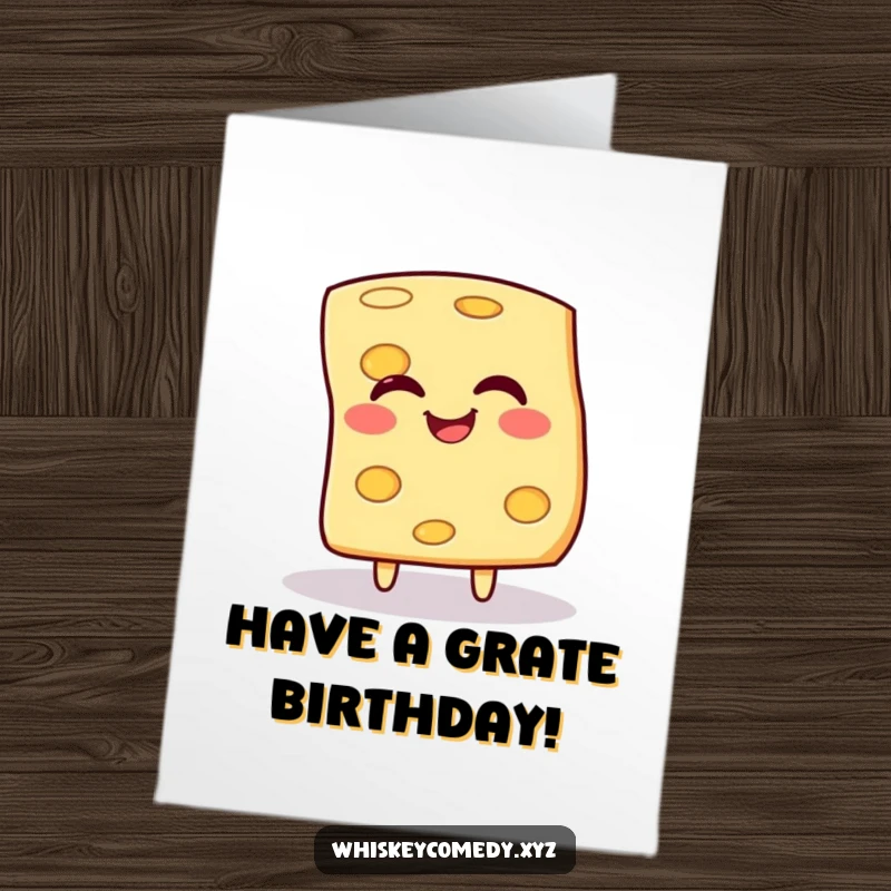 Funny Free Printable Birthday Card: A giggling slice of cheese doing a happy spin, perfect for a fun DIY gift.