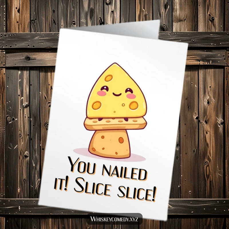 Funny free printable congratulations card featuring a triumphant cheese wedge balanced on a cracker.