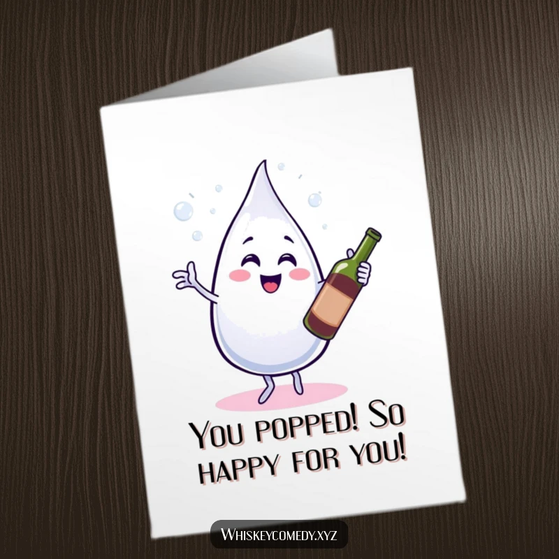 Funny Free Printable Congratulations Card: Bubbly water droplet dancing a jig with a wine bottle, a cheerful downloadable gift.