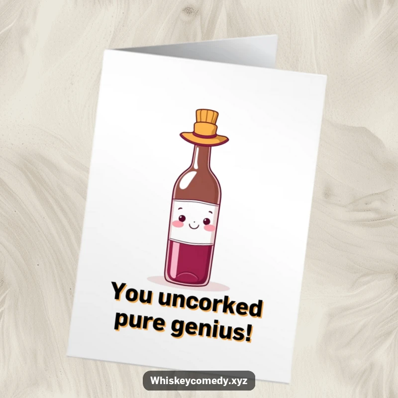 Funny Free Printable Congratulations Card: A dapper bottle of wine wears a tiny hat, celebrating success with sophisticated humor.